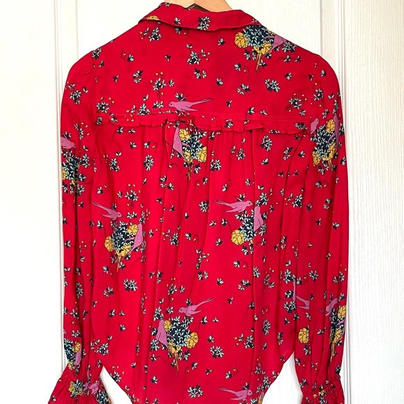 Anthropologie Maeve Fredericka Bird Floral Top Red Sz 0 Cottagecore Grandmacore - Picture 8 of 13